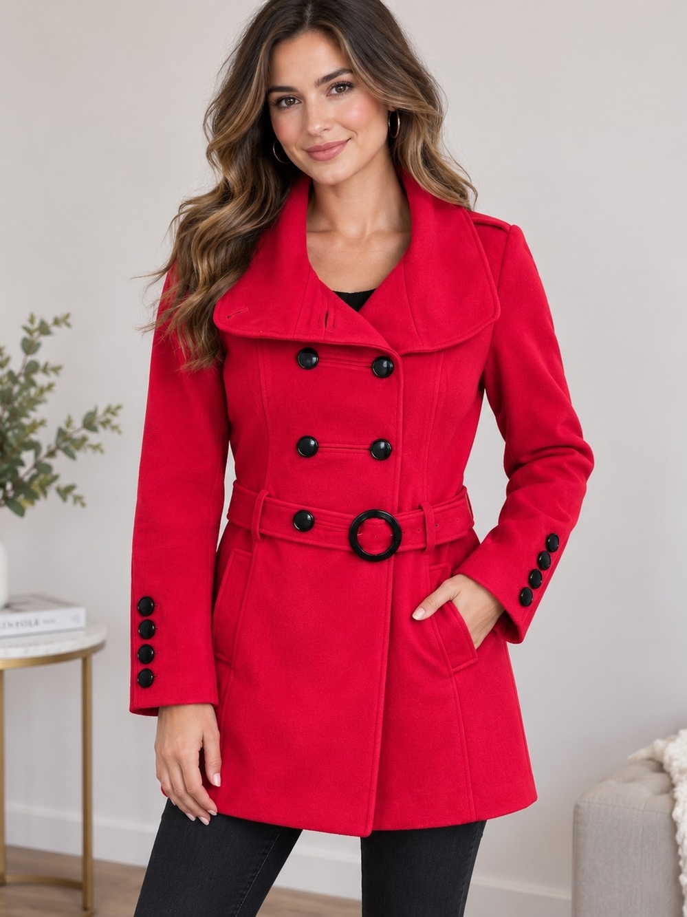 Guess Red Double-Breasted Belted Pea Coat with Black Buttons